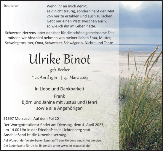 Anzeige von Ulrike Binot von  Lokalanzeiger 