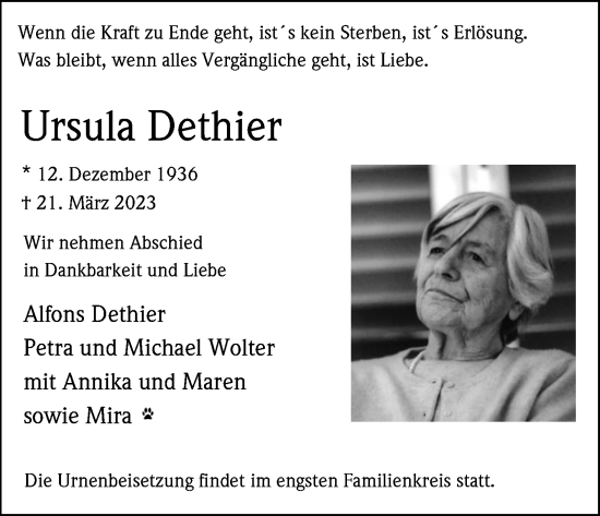 Anzeige von Ursula Dethier von Kölner Stadt-Anzeiger / Kölnische Rundschau / Express