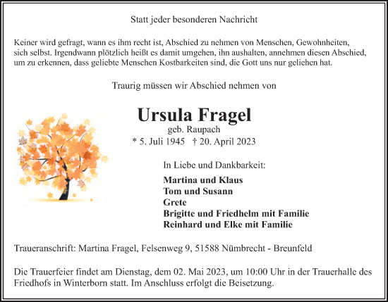 Anzeige von Ursula Fragel von Kölner Stadt-Anzeiger / Kölnische Rundschau / Express