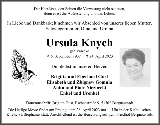 Anzeige von Ursula Knych von Kölner Stadt-Anzeiger / Kölnische Rundschau / Express