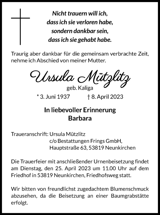 Anzeige von Ursula Mützlitz von Kölner Stadt-Anzeiger / Kölnische Rundschau / Express