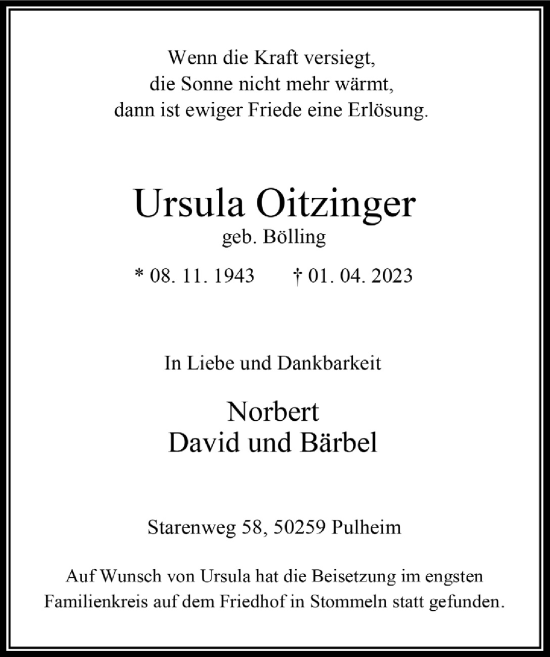 Anzeige von Ursula Oitzinger von  Wochenende 