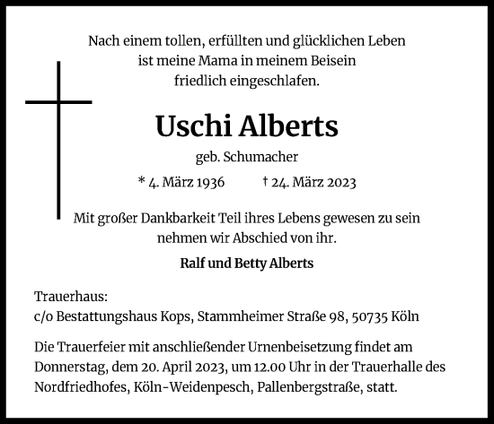 Anzeige von Uschi Alberts von Kölner Stadt-Anzeiger / Kölnische Rundschau / Express