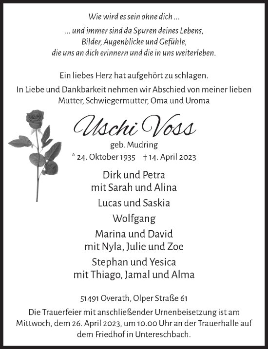 Anzeige von Uschi Voss von  Bergisches Handelsblatt 