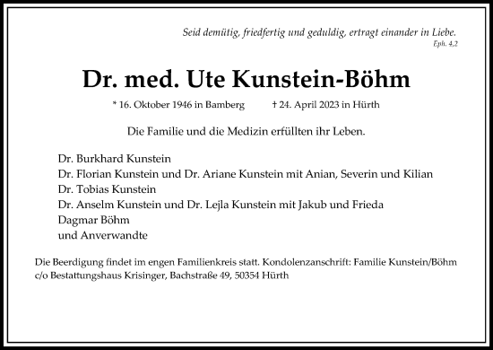 Anzeige von Ute Kunstein-Böhm von Kölner Stadt-Anzeiger / Kölnische Rundschau / Express
