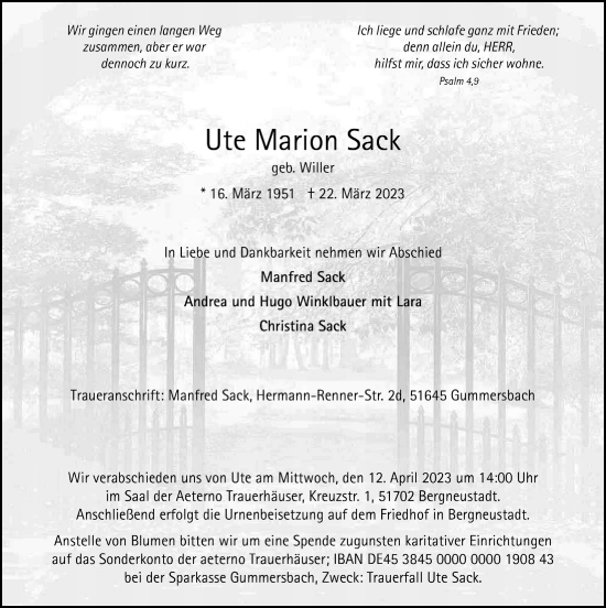 Anzeige von Ute Marion Sack von  Anzeigen Echo 