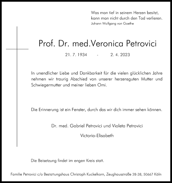 Anzeige von Veronica Petrovici von Kölner Stadt-Anzeiger / Kölnische Rundschau / Express