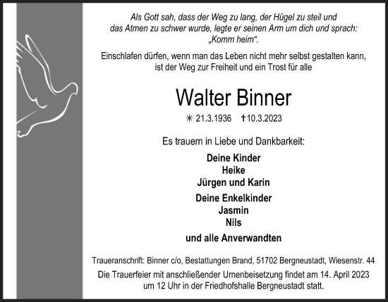 Anzeige von Walter Binner von Kölner Stadt-Anzeiger / Kölnische Rundschau / Express