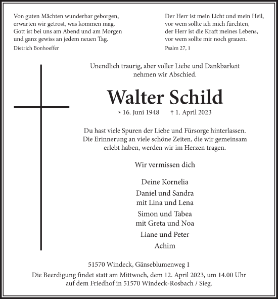 Anzeige von Walter Schild von  Lokalanzeiger 