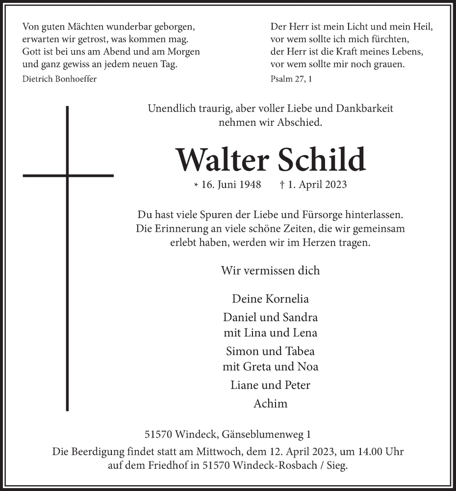  Traueranzeige für Walter Schild vom 06.04.2023 aus  Lokalanzeiger 