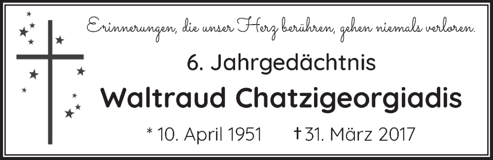  Traueranzeige für Waltraud Chatzigeorgiadis vom 18.07.2023 aus  Bergisches Handelsblatt 