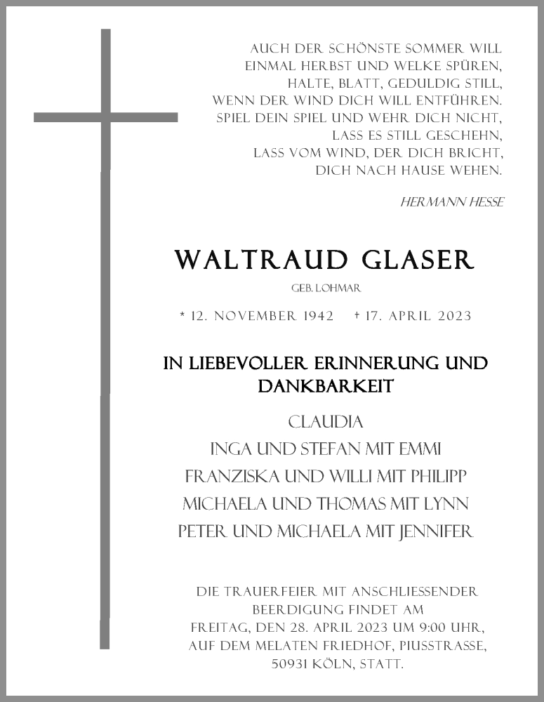  Traueranzeige für Waltraud Glaser vom 22.04.2023 aus Kölner Stadt-Anzeiger / Kölnische Rundschau / Express
