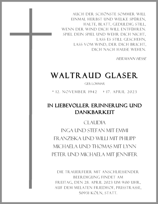 Anzeige von Waltraud Glaser von Kölner Stadt-Anzeiger / Kölnische Rundschau / Express
