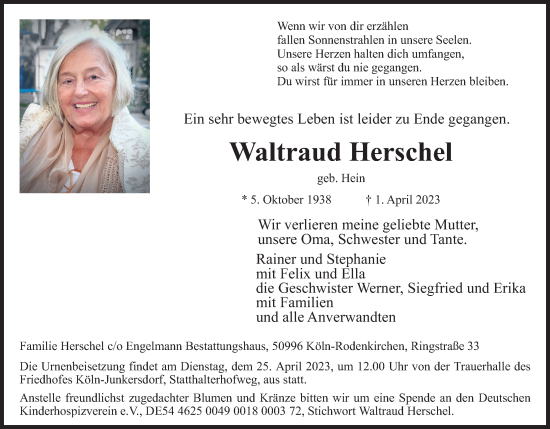 Anzeige von Waltraud Herschel von Kölner Stadt-Anzeiger / Kölnische Rundschau / Express
