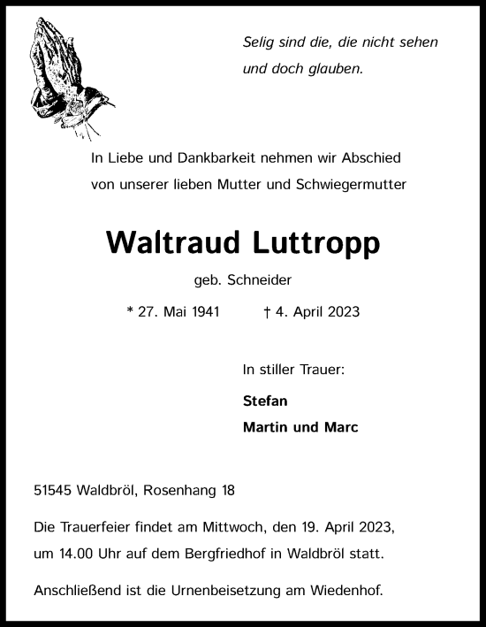 Anzeige von Waltraud Luttropp von Kölner Stadt-Anzeiger / Kölnische Rundschau / Express