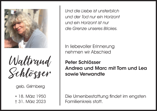Anzeige von Waltraud Schlösser von Kölner Stadt-Anzeiger / Kölnische Rundschau / Express