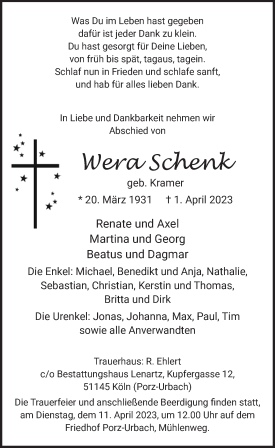 Anzeige von Wera Schenk von  EXPRESS - Die Woche 