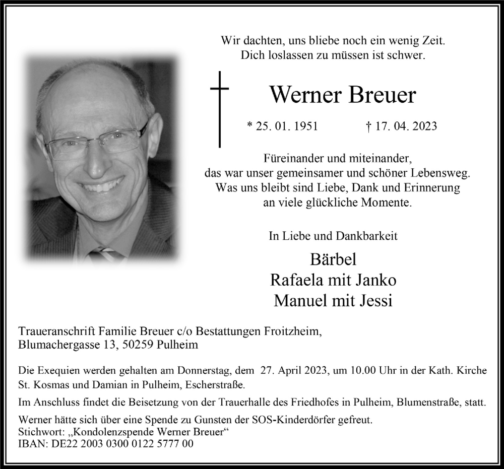  Traueranzeige für Werner Breuer vom 21.04.2023 aus  Wochenende 