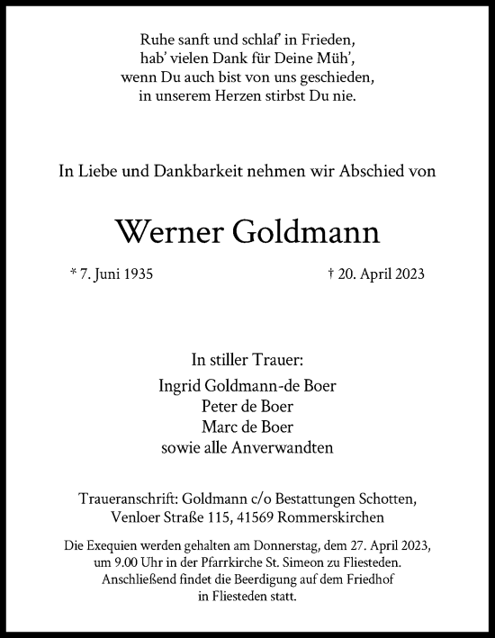 Anzeige von Werner Goldmann von Kölner Stadt-Anzeiger / Kölnische Rundschau / Express