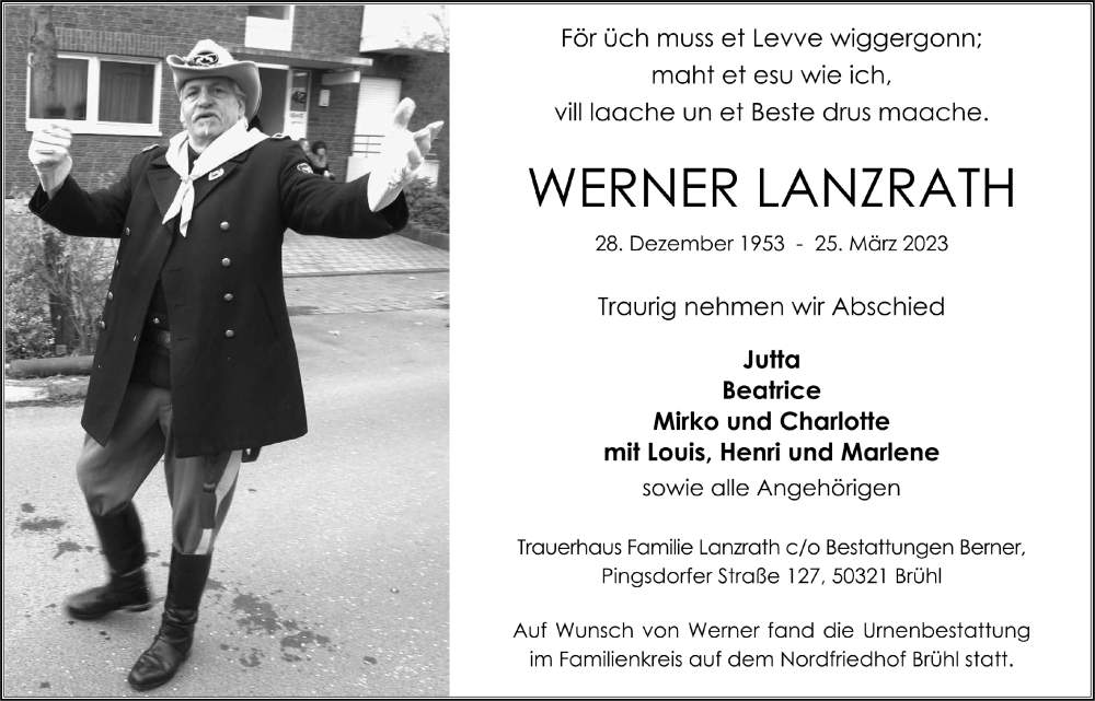  Traueranzeige für Werner Lanzrath vom 21.04.2023 aus  Schlossbote/Werbekurier 