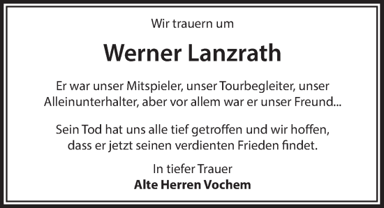 Anzeige von Werner Lanzrath von  Schlossbote/Werbekurier 