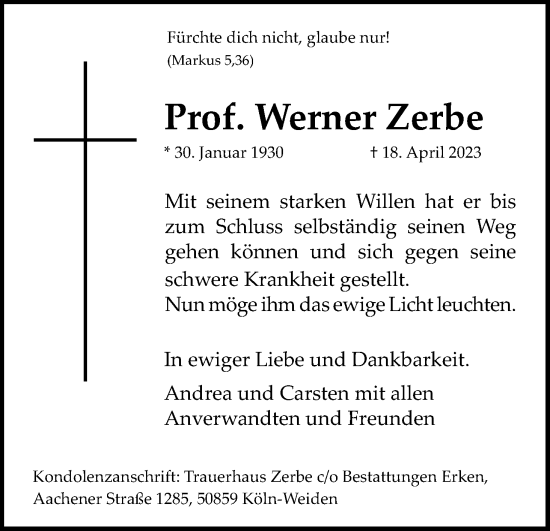 Anzeige von Werner Zerbe von Kölner Stadt-Anzeiger / Kölnische Rundschau / Express