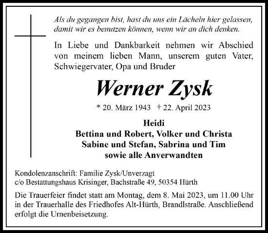 Anzeige von Werner Zysk von  Wochenende 