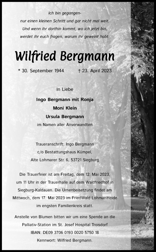 Anzeige von Wilfried Bergmann von Kölner Stadt-Anzeiger / Kölnische Rundschau / Express