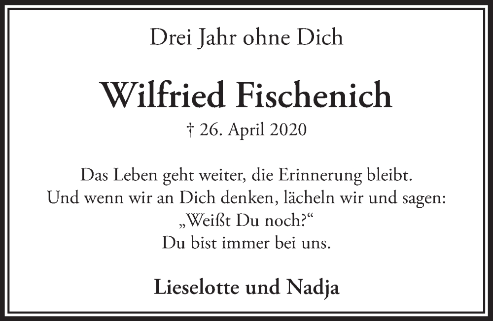  Traueranzeige für Wilfried Fischenich vom 21.04.2023 aus  Werbepost 