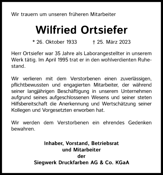 Anzeige von Wilfried Ortsiefer von Kölner Stadt-Anzeiger / Kölnische Rundschau / Express