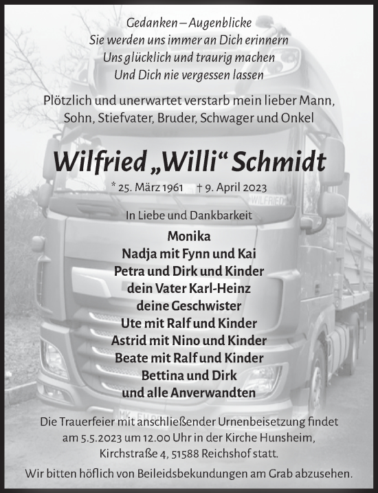 Anzeige von Wilfried  Schmidt von  Lokalanzeiger 