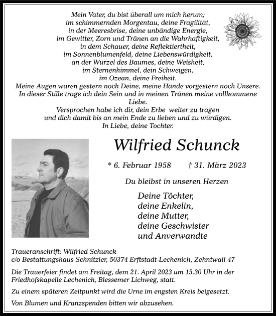Anzeige von Wilfried Schunck von  Werbepost 