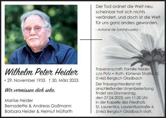 Anzeige von Wilhelm Peter Heider von Kölner Stadt-Anzeiger / Kölnische Rundschau / Express