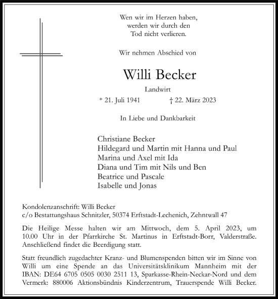Anzeige von Willi Becker von  Werbepost 
