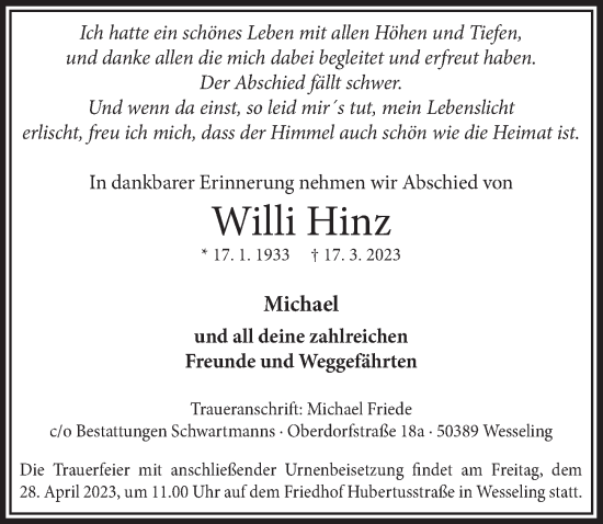 Anzeige von Willi Hinz von  Schlossbote/Werbekurier 