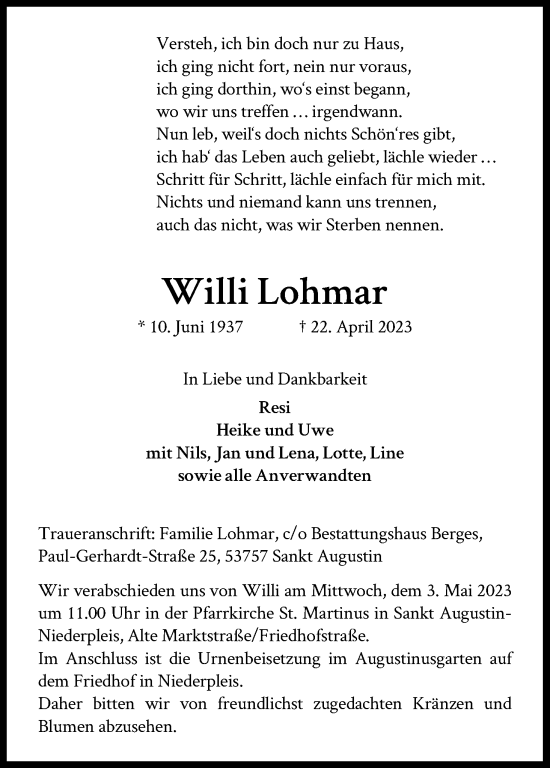 Anzeige von Willi Lohmar von Kölner Stadt-Anzeiger / Kölnische Rundschau / Express