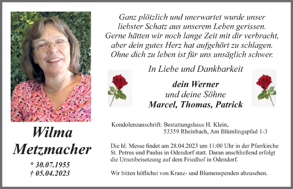  Traueranzeige für Wilma Metzmacher vom 21.04.2023 aus  Schaufenster/Blickpunkt 