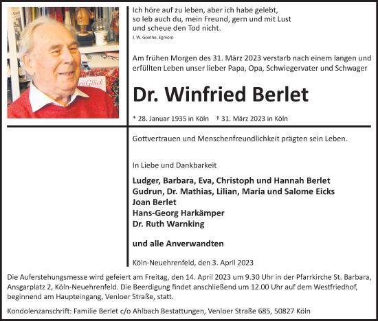 Anzeige von Winfried Berlet von Kölner Stadt-Anzeiger / Kölnische Rundschau / Express