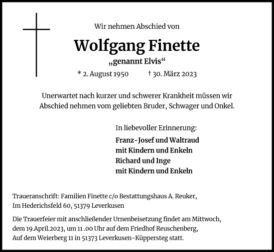 Anzeige von Wolfgang Finette von Kölner Stadt-Anzeiger / Kölnische Rundschau / Express