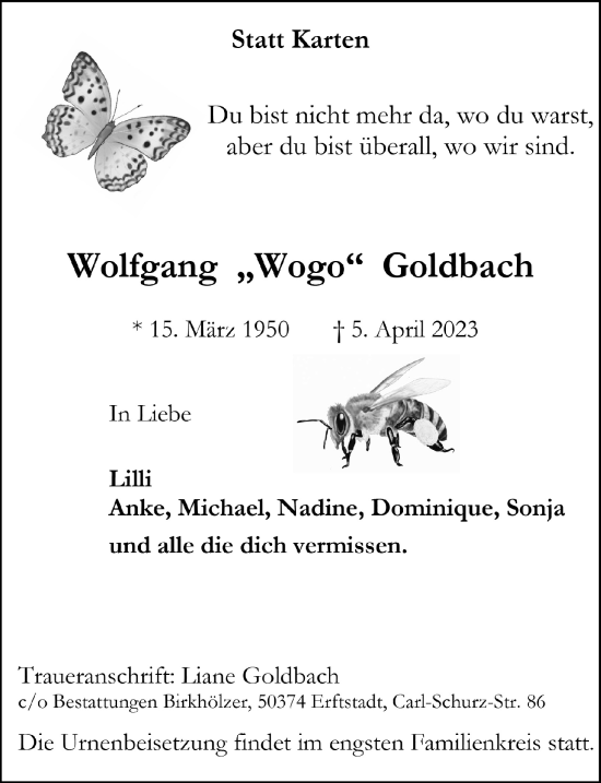 Anzeige von Wolfgang Goldbach von  Werbepost 