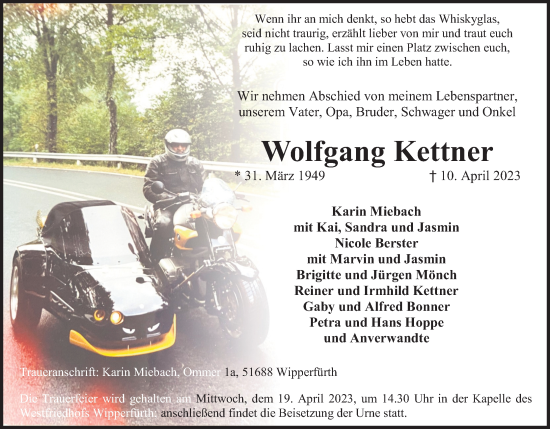 Anzeige von Wolfgang Kettner von Kölner Stadt-Anzeiger / Kölnische Rundschau / Express