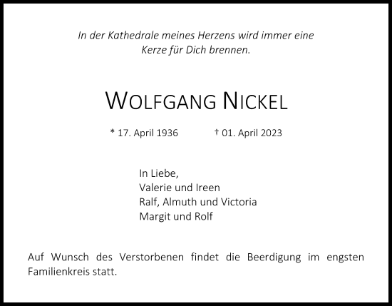 Anzeige von Wolfgang Nickel von Kölner Stadt-Anzeiger / Kölnische Rundschau / Express