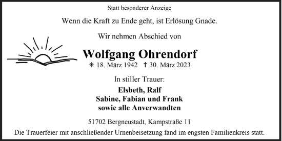 Anzeige von Wolfgang Ohrendorf von  Anzeigen Echo 