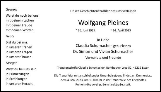 Anzeige von Wolfgang Pleines von  Wochenende 