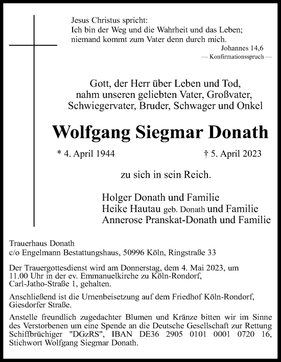 Anzeige von Wolfgang Siegmar Donath von Kölner Stadt-Anzeiger / Kölnische Rundschau / Express