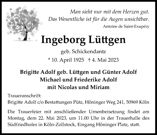 Anzeige von Ingeborg Lüttgen von Kölner Stadt-Anzeiger / Kölnische Rundschau / Express
