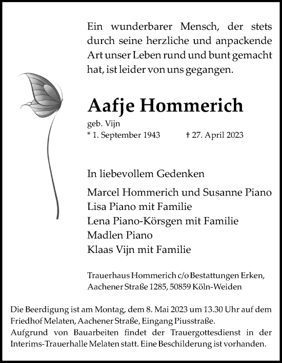 Anzeige von Aafje Hommerich von Kölner Stadt-Anzeiger / Kölnische Rundschau / Express