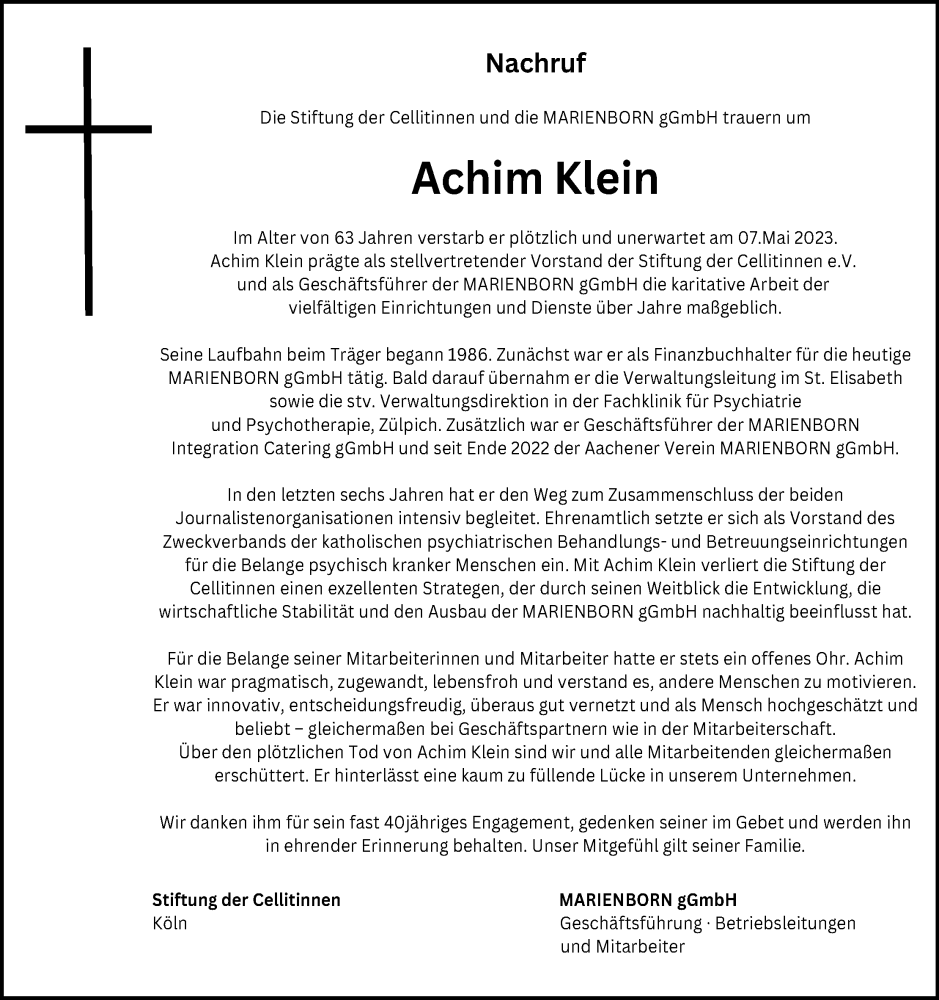  Traueranzeige für Achim Klein vom 17.05.2023 aus Kölner Stadt-Anzeiger / Kölnische Rundschau / Express