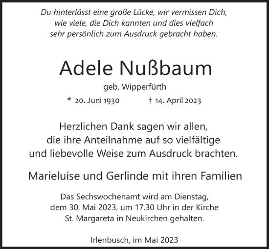 Anzeige von Adele Nußbaum von  Schaufenster/Blickpunkt 