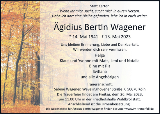 Anzeige von Ägidius Bertin Wagener von  Lokalanzeiger 